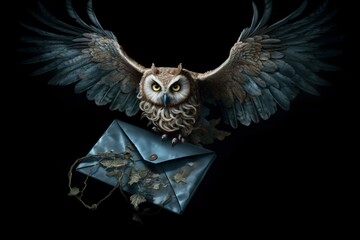 Owl fly envelope. Postmark bird. Generate Ai - obrazy, fototapety, plakaty