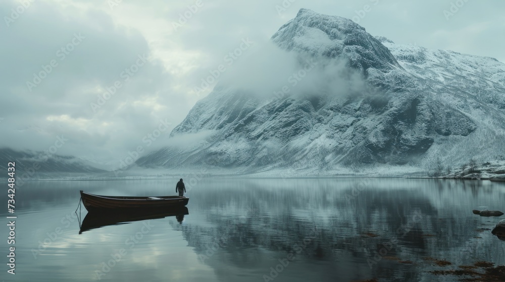 Poster a boat floating on top of a lake next to a large snow covered mountain covered in a layer of clouds 