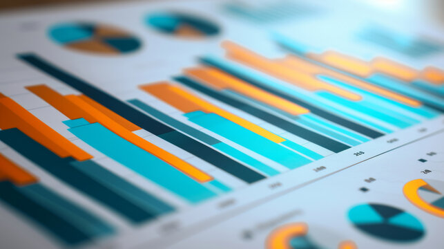 close-up of printed data charts, including bar graphs, line graphs, and pie charts, representing statistical analysis or business report findings.