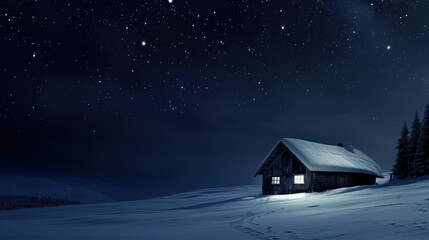  a cabin in the middle of a snow covered mountain under a night sky with stars and the moon shining on the roof of the cabin in the middle of the snow.