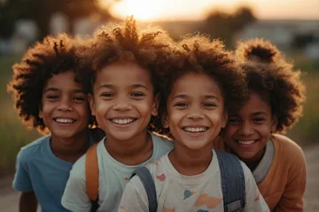 Fotobehang Multi-ethnic group of little friends with toothy smiles on their faces enjoying ,sunset © RIDA BATOOL