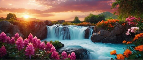 Nature Scene Colorful Waterfall and Flowers at Sunset 