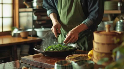 Foto op Canvas Chef Stir-Frying Greens in Wok: A chef in a green apron stir-frying a vibrant selection of greens in a traditional wok © Tida