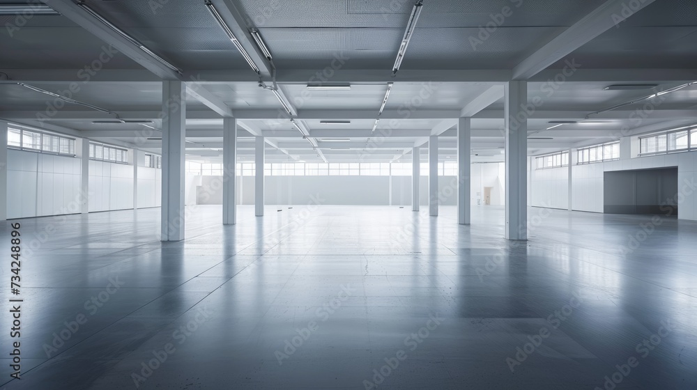 Poster expansive empty industrial hall: vast empty hall with a high ceiling and rows of columns, reflecting