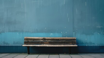 Solitary Wooden Bench Against Blue Wall: Weathered wooden bench on a sidewalk with a scratched blue wall background, evoking a sense of urban solitude - obrazy, fototapety, plakaty