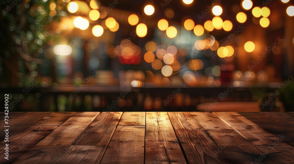 Poster festive tabletop with warm bokeh lights: rustic wooden tabletop with a festive background of bokeh l