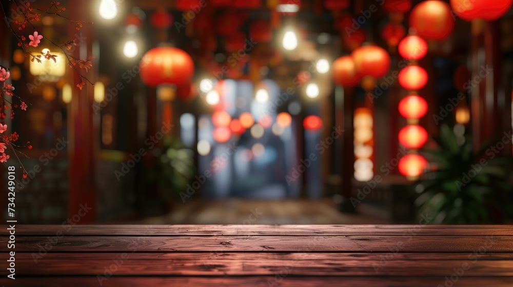 Poster rustic table with oriental lanterns: rustic wooden table with oriental red lanterns in the backgroun