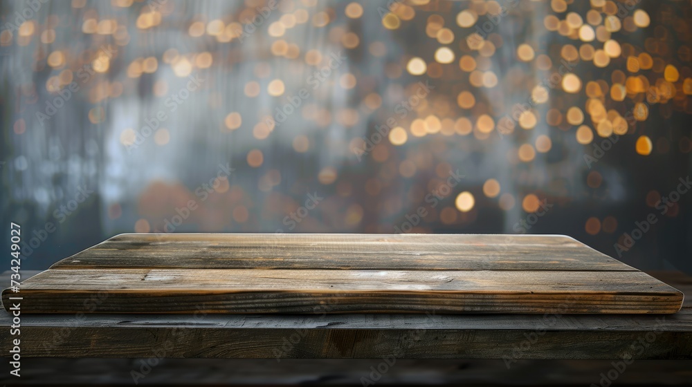 Poster Wooden Platform with Ambient Bokeh Lights: Rustic wooden platform in the foreground with a backdrop of enchanting bokeh lights creating a warm atmosphere