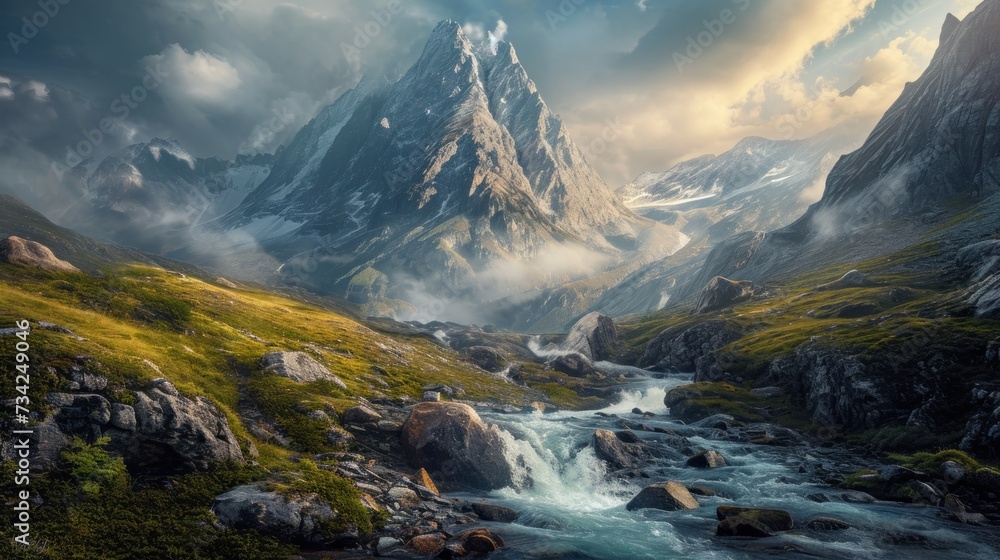 Poster a painting of a mountain scene with a stream in the foreground and a stream in the foreground in the