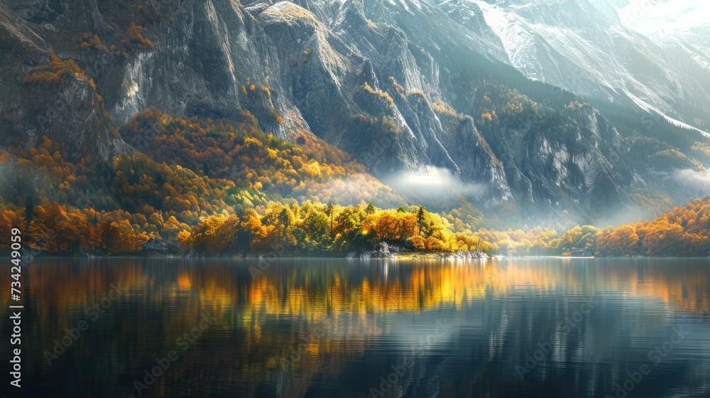 Poster a painting of a mountain with a lake in the foreground and trees on the other side of the lake in th