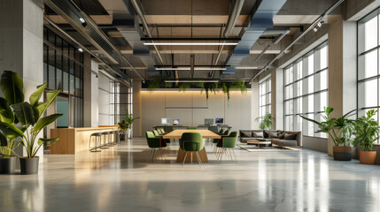 modern office meeting room with a large wooden table, green chairs, and a green living wall,...
