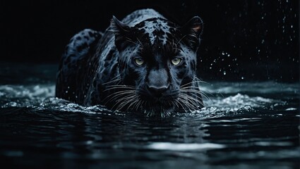 Panther in water on dark background 