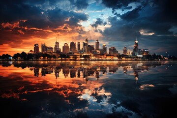 Naklejka premium Lightnings dance over urban water puddles during storm., generative IA