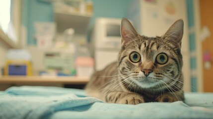 Tabby Cat Relaxed on Vet Table: Relaxed tabby cat with soothing eyes resting on a blue veterinary table