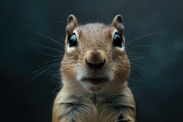 Curious Chipmunk Close-Up: Chipmunk with a surprised expression captured close-up against a dark background - obrazy, fototapety, plakaty
