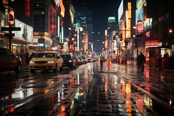 Fototapeta na wymiar Urban flood flooded streets reflect Neon while people fight umbrellas., generative IA