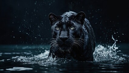 Panther in water on dark background 