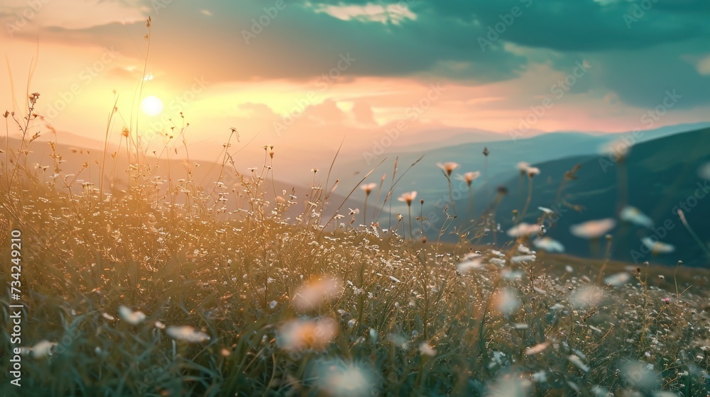 Poster a field with grass and flowers in the foreground and a mountain in the background with the sun setti