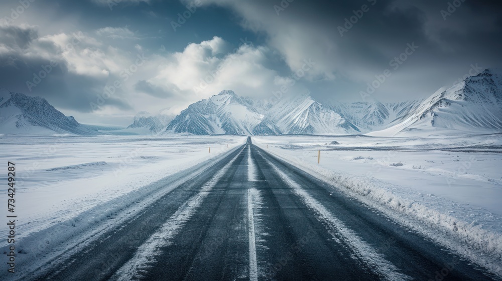 Poster a road in the middle of nowhere with mountains in the background and a sky filled with clouds and sn