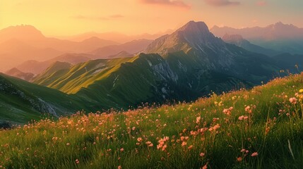  a grassy field with pink flowers in the foreground and a mountain range in the background with a pink and yellow sky in the middle of the photo, with pink flowers in the foreground.