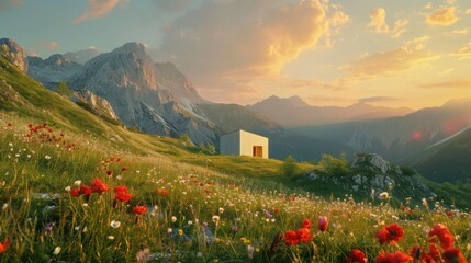  a painting of a house on a hill with wildflowers in the foreground and a mountain range in the background with clouds and sun shining on the horizon.