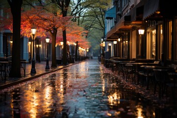 Deserted streets shine in the spring rain., generative IA