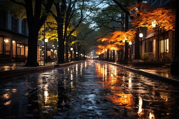 Fototapeta na wymiar Deserted streets shine in the spring rain., generative IA