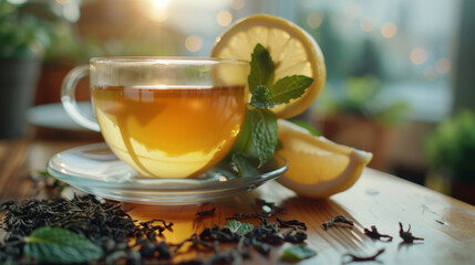 A clear glass cup of tea infused with lemon and mint leaves, steaming on a wooden table surrounded by loose tea leaves and a slice of lemon.