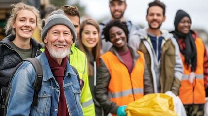 A cheerful diverse group of volunteers with one senior man in front, all wearing casual clothes and safety vests, ready for community service