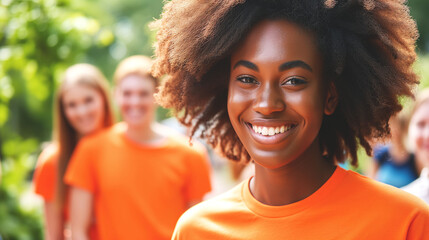 A cheerful American young woman with a bright smile and natural afro hair stands confidently in an orange t-shirt, representing her volunteer group in a lush outdoor setting