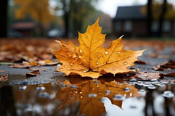 Naklejka na ściany i meble Autumn rain soaks yellowish leaves., generative IA