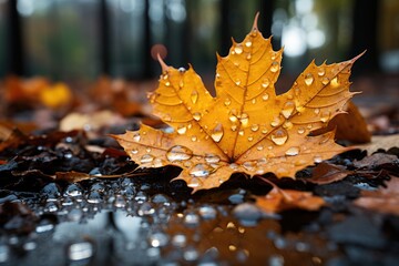 Autumn rain soaks yellowish leaves., generative IA