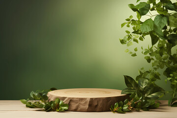 wooden round empty product podium with copy space, green background, environmentally friendly, luxury backdrop