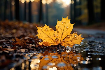 Autumn rain soaks yellowish leaves., generative IA - obrazy, fototapety, plakaty