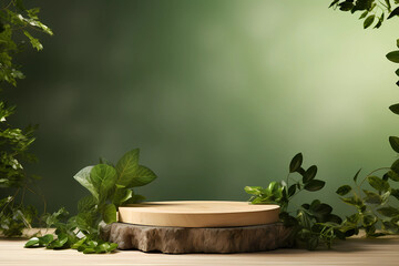 wooden round empty product stage with copy space,  green background, environmentally friendly, plant area