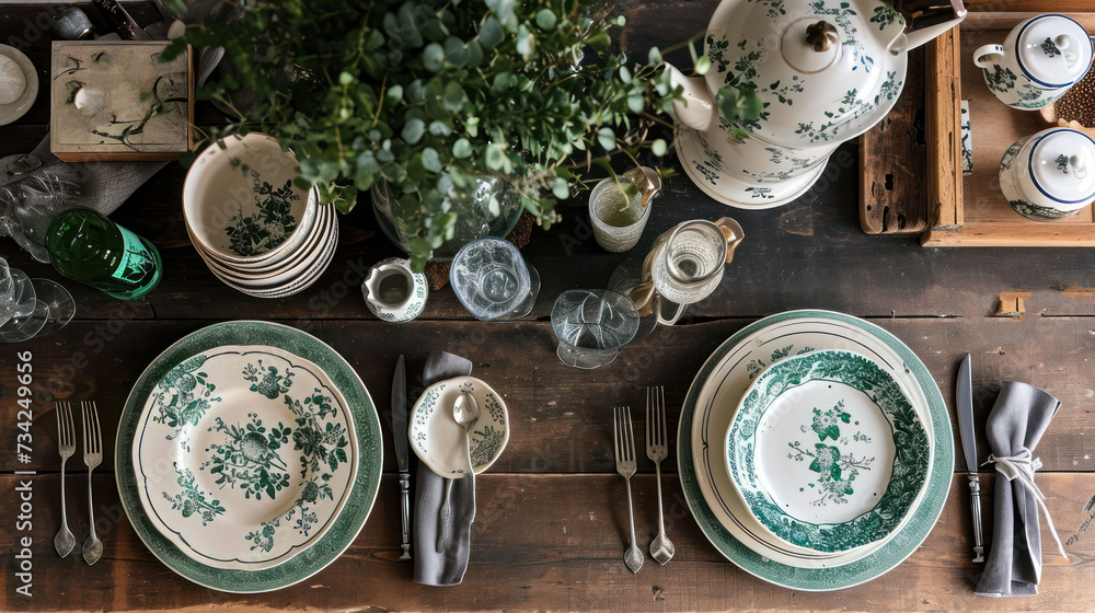 Poster a table set with green and white plates and silverware and a potted plant on top of a wooden table w