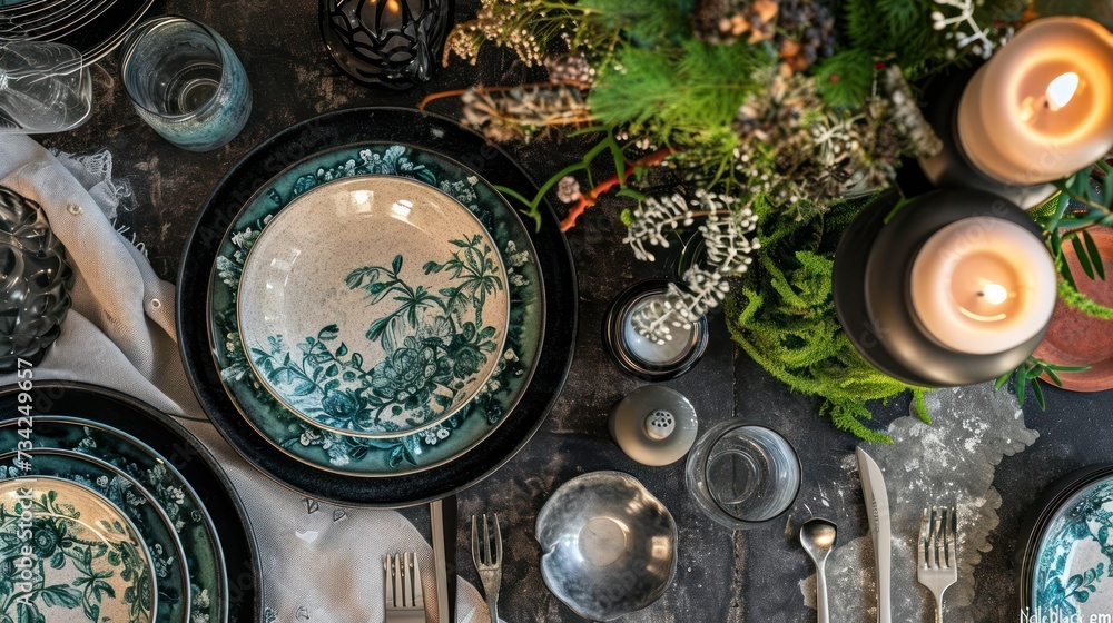 Poster a table topped with plates and candles next to a vase filled with flowers and greenery on top of a t