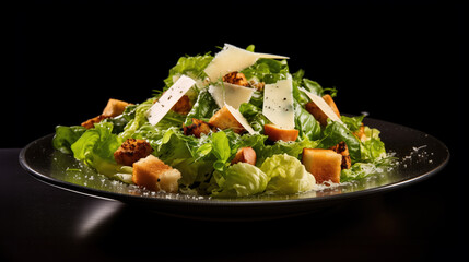 Salade césar gastronomique dans une assiette noire sur fond sombre