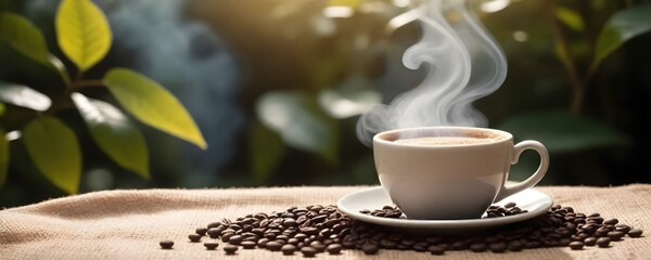 A cup of coffee with steam rising from it, surrounded by coffee beans on a burlap surface, with a background of sunlit foliage