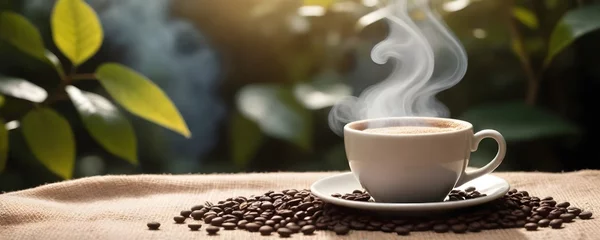 Zelfklevend Fotobehang A cup of coffee with steam rising from it, surrounded by coffee beans on a burlap surface, with a background of sunlit foliage © JazzRock