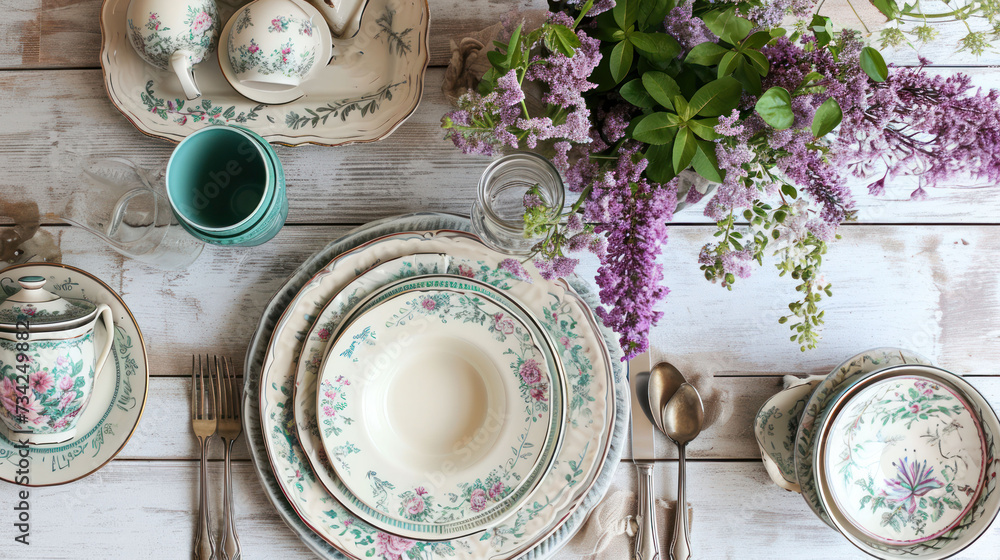 Poster a close up of a table with a plate, cups and saucers and a vase with flowers on it and a vase with p