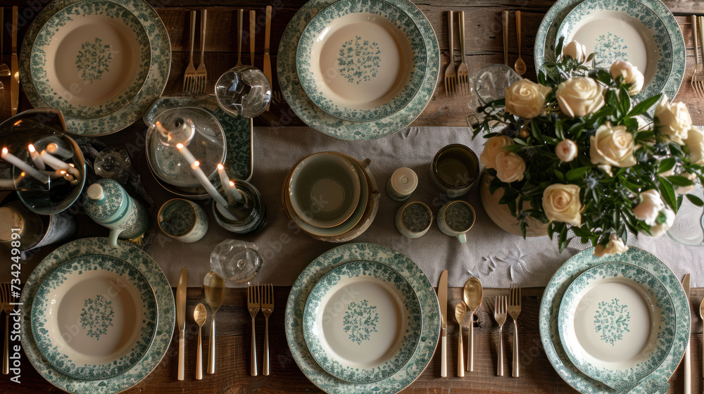 Poster a table is set with plates and silverware and a vase with flowers on it and candles in the middle of