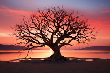 Black tree before a reddish sun., generative IA