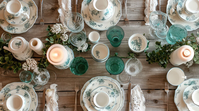  a wooden table topped with lots of white and green plates and cups and saucers and a lit candle in the middle of the plate and center of the table.