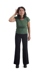 front view of a woman standing listening on white background