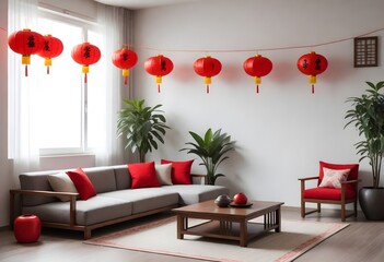 A living room decorated in an Asian style, with red Chinese lanterns, red cushions on the floor, a gray sofa, and decorative items such as a branch painting, fans on the wall