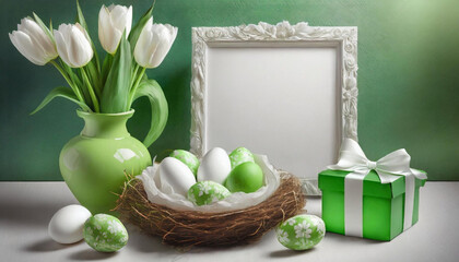 Biało - zielone tło wielkanocne z pisankami, tulipanami i ramką z miejscem na tekst - obrazy, fototapety, plakaty