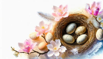 Gniazdo z jajkami otoczone przez kwitnące gałązki magnolii. Wielkanocne tło - obrazy, fototapety, plakaty