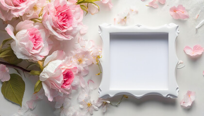 Walentynkowe lub ślubne tło z różowymi kwiatami i ramką - obrazy, fototapety, plakaty