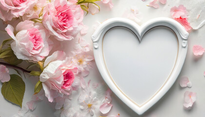 Walentynkowe lub ślubne tło z różowymi kwiatami i ramką w kształcie serca - obrazy, fototapety, plakaty